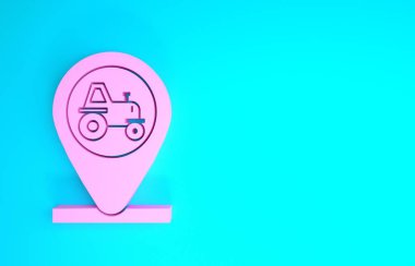 Pembe traktör ve konum simgesi mavi arkaplanda izole edildi. Minimalizm kavramı. 3d illüstrasyon 3d canlandırma