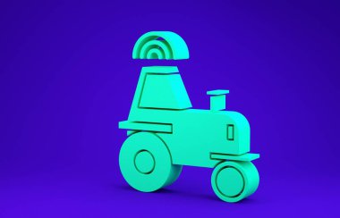 Yeşil Öz, mavi arka planda izole edilmiş akıllı bir çiftlik ikonu üzerinde kablosuz traktör kullanıyor. Akıllı tarım elementi uygular. Minimalizm kavramı. 3d illüstrasyon 3d canlandırma