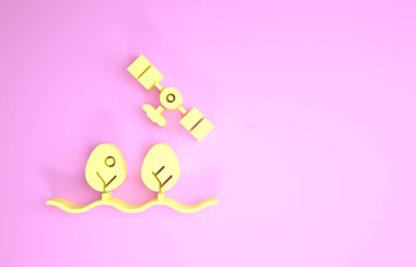 İHA kontrollü Sarı Akıllı Çiftlik ve pembe arka planda izole edilmiş ağaç simgesi. Tarım şirketi için icat teknolojisi. Minimalizm kavramı. 3d illüstrasyon 3d canlandırma