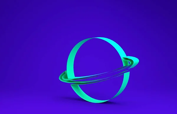 Planeta Verde Saturno con el icono del sistema de anillos planetarios aislado sobre fondo azul. Concepto minimalista. 3D ilustración 3D render — Foto de Stock
