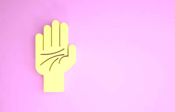 Sárga Palmistry a kéz ikon elszigetelt rózsaszín háttér. Minimalizmus koncepció. 3d illusztráció 3d render — Stock Fotó