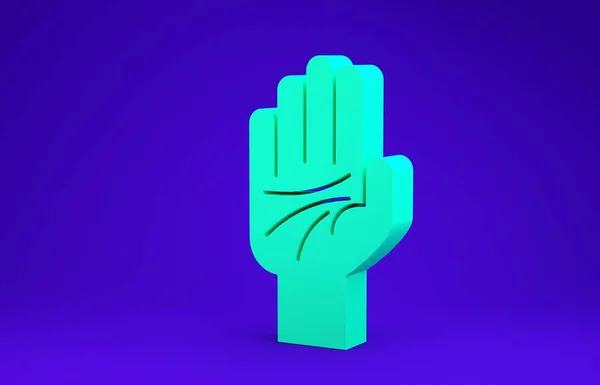 Зеленая пальмистика значка руки, выделенная на синем фоне. Концепция минимализма. 3D-рендеринг — стоковое фото