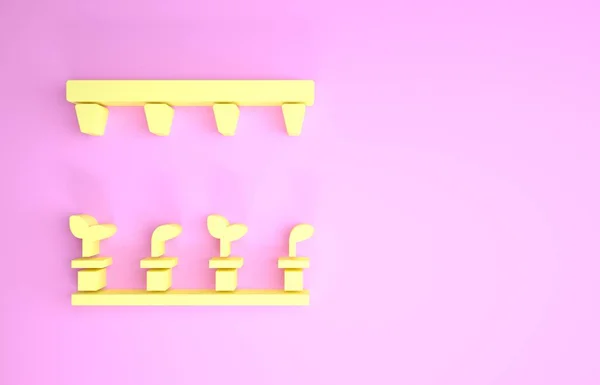 Ícone de aspersores de irrigação automática amarela isolado no fundo rosa. Equipamento de rega. Elemento jardim. Ícone de pistola de pulverização. Conceito de minimalismo. 3D ilustração 3D render — Fotografia de Stock