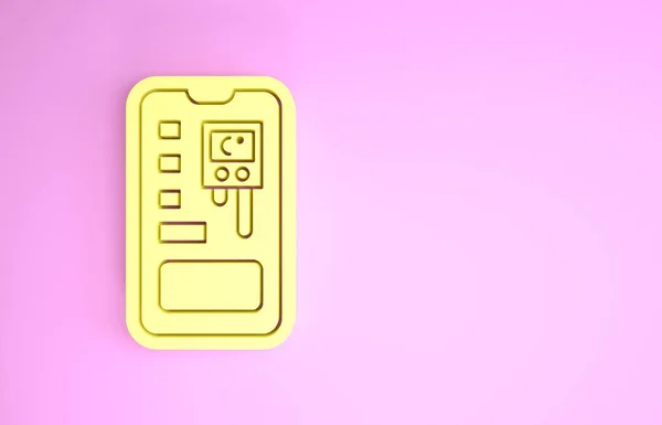 Жовта розумна система управління сільськогосподарською системою мобільних додатків ізольована на рожевому фоні. Концепція мінімалізму. 3D ілюстрація 3D рендеринга — стокове фото