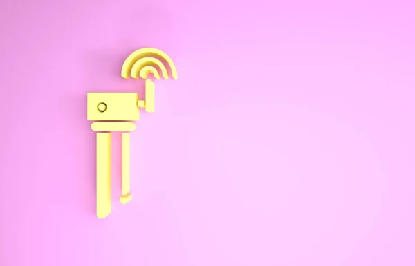Жовтий маршрутизатор і значок сигналу wi-fi ізольовані на рожевому фоні. Бездротовий маршрутизатор Ethernet. Комп'ютерні технології Інтернет. Концепція мінімалізму. 3D ілюстрація 3D рендеринга — стокове фото