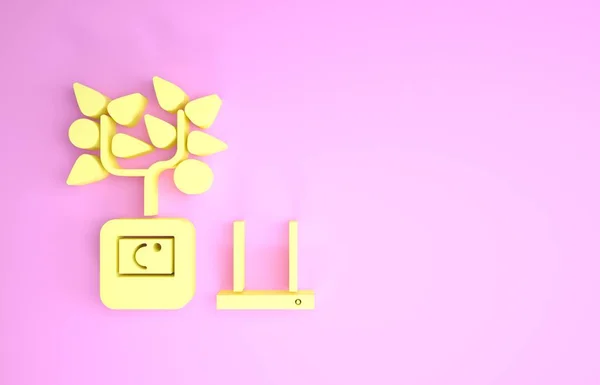 Yellow Smart farming technology - farm automation system in app icon isolated on pink background. Minimalism concept. 3d illustration 3D render