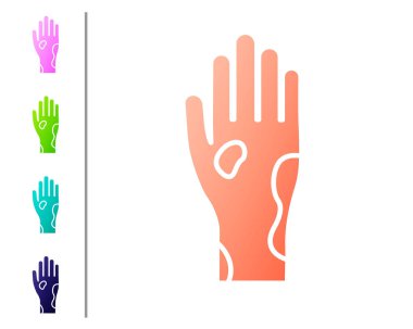 Beyaz arka planda izole edilmiş sedef veya egzama ikonu olan Mercan El. Alerjene veya kronik vücut sorununa karşı insan derisi tepkisi kavramı. Renk simgelerini ayarla. Vektör İllüstrasyonu