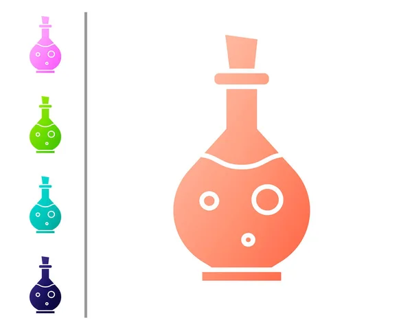 Botella de vidrio de coral con ícono mágico de elixir aislado sobre fondo blanco. Activo del juego de ordenador. Establecer iconos de color. Ilustración vectorial — Vector de stock
