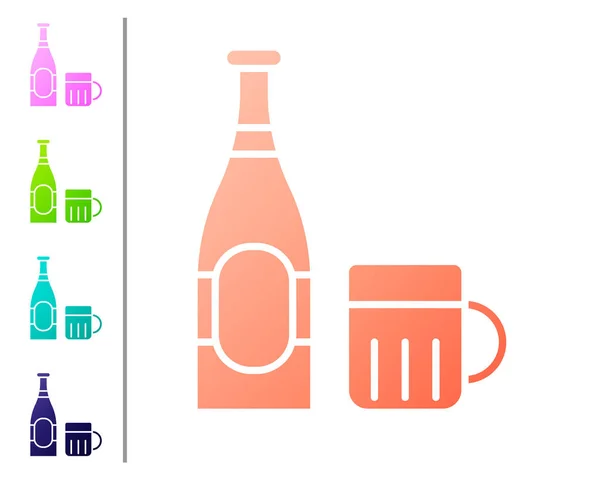 Bouteille de bière corail et icône en verre isolé sur fond blanc. Boisson d'alcool symbole. Définir des icônes de couleur. Illustration vectorielle — Image vectorielle