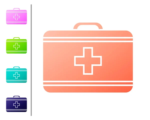 Coral First aid kit icon isolated on white background. Medical box with cross. Medical equipment for emergency. Healthcare concept. Set color icons. Vector Illustration — Stock Vector