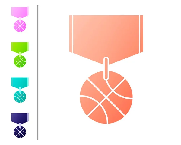 Coral Basketball μετάλλιο με κορδέλα εικονίδιο απομονώνονται σε λευκό φόντο. Ορισμός εικονιδίων χρώματος. Εικονογράφηση διανύσματος — Διανυσματικό Αρχείο