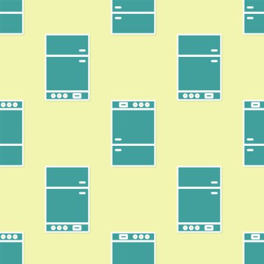 Yeşil Buzdolabı ikonu sarı arka planda kusursuz desen izole etti. Buzdolabı buzdolabı. Ev aletleri ve aletler. Vektör İllüstrasyonu