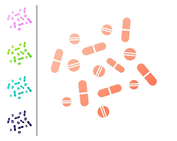 Coral Medicine pigułki lub tabletka ikona na białym tle. Kapsułka pigułki i znak narkotyków. Projektowanie farmacji. Ustawianie ikon kolorów. Ilustracja wektorowa — Wektor stockowy