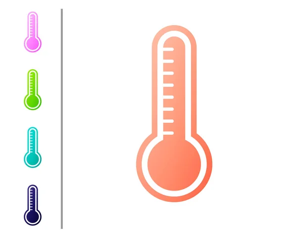 Korall Meteorológiai hőmérő, amely fehér alapon izolált hőt és hideg ikont mér. Hőmérő berendezés, amely meleg vagy hideg időjárást mutat. Színes ikonok beállítása. Vektorillusztráció — Stock Vector