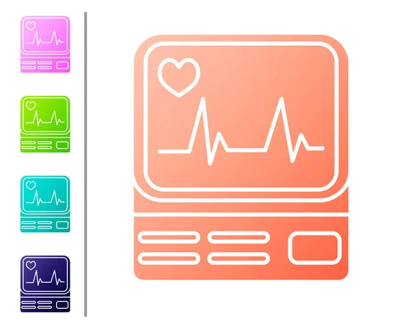 Coral Computer monitor met cardiogram icoon geïsoleerd op witte achtergrond. Monitoring icoon. Ecg monitor met hartslag hand getrokken. Stel kleurpictogrammen in. Vector Illustratie — Stockvector