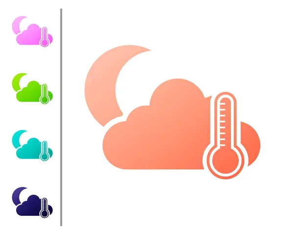 Coral Thermometer and cloud with moon icon isolated on white background. Set color icons. Vector Illustration — Stock Vector