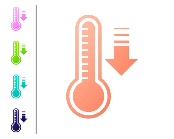 Termômetro de meteorologia de coral medindo calor e ícone frio isolado em fundo branco. Equipamento termômetro mostrando clima quente ou frio. Definir ícones de cor. Ilustração vetorial —  Vetores de Stock