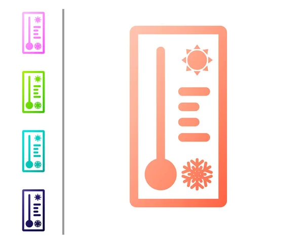 Termômetro de meteorologia de coral medindo calor e ícone frio isolado em fundo branco. Equipamento termômetro mostrando clima quente ou frio. Definir ícones de cor. Ilustração vetorial —  Vetores de Stock