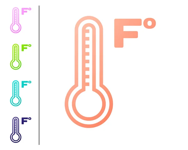 珊瑚气象学温度计测量在白色背景上隔离的冷热图标。 温度华氏温度 设置彩色图标。 病媒图解 — 图库矢量图片