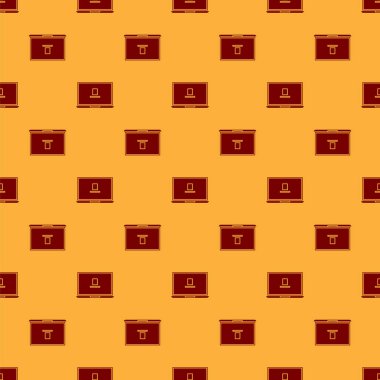 Kırmızı Laptop simgesi kahverengi arka plan üzerinde sorunsuz desen izole. Boş ekran işareti olan bilgisayar not defteri. Vektör İllüstrasyonu