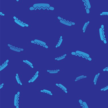 Mavi Hotdog sandviçi ve hardal ikonu mavi arka planda izole edilmiş kusursuz desen. Sosis ikonu. Sokak fast food menüsü. Vektör İllüstrasyonu