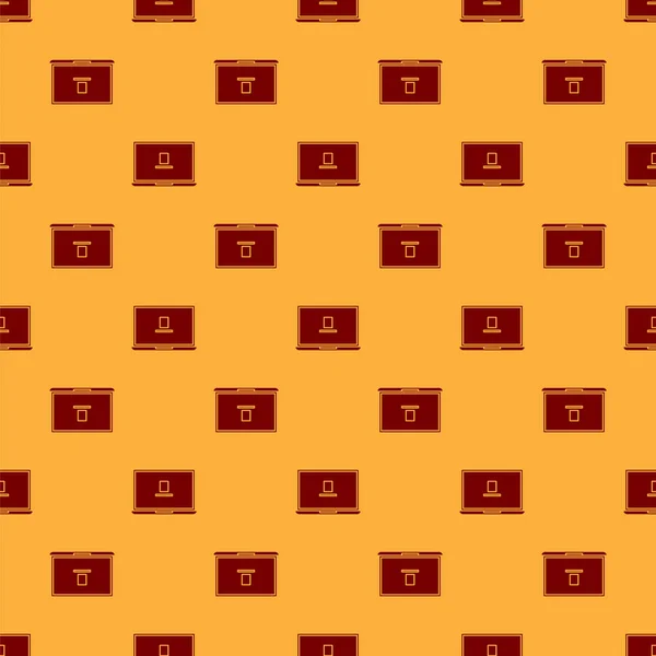 Rotes Laptop-Symbol isoliert nahtlose Muster auf braunem Hintergrund. Computer-Notizbuch mit leerem Bildschirm. Vektorillustration — Stockvektor