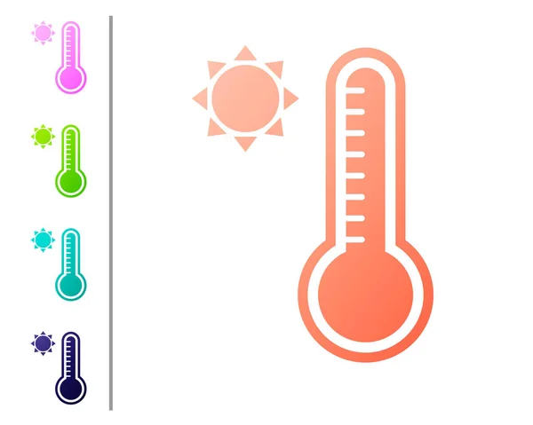 Coral Meteorologie teploměr měření tepla a studené ikony izolované na bílém pozadí. Teploměr ukazuje teplé nebo studené počasí. Nastavit ikony barev. Vektorová ilustrace — Stockový vektor