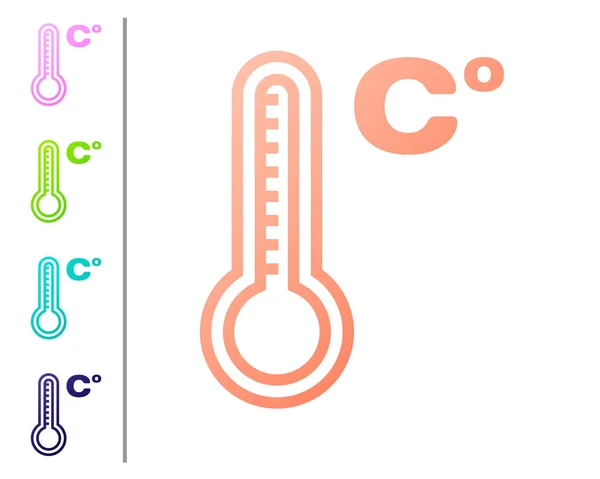 珊瑚气象学温度计测量在白色背景上隔离的冷热图标。 温度：摄氏度。 设置彩色图标。 病媒图解 — 图库矢量图片