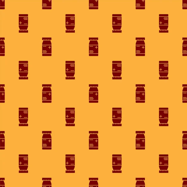 Rote Medikamentenflasche und Pillen-Symbol isoliert nahtlose Muster auf braunem Hintergrund. Flaschentabletten-Schild. Apothekendesign. Vektorillustration — Stockvektor