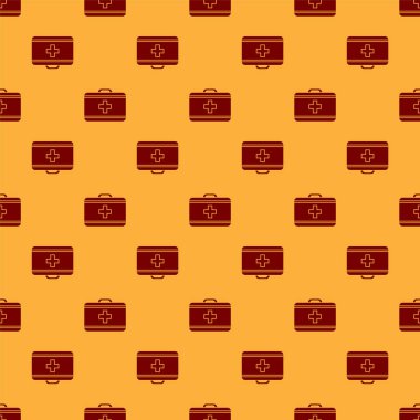 Kırmızı ilk yardım çantasının simgesi kahverengi arka planda izole edilmiş. Haçlı sağlık kutusu. Acil durumlar için tıbbi ekipman. Sağlık sigortası konsepti. Vektör İllüstrasyonu