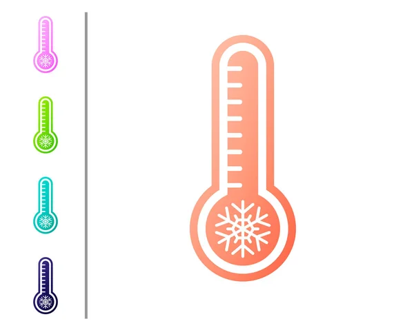 Coral Μετεωρολογικό θερμόμετρο μέτρησης θερμότητας και κρύο εικονίδιο απομονώνονται σε λευκό φόντο. Θερμομετρικό εξοπλισμό που δείχνει ζεστό ή κρύο καιρό. Ορισμός εικονιδίων χρώματος. Εικονογράφηση διανύσματος — Διανυσματικό Αρχείο