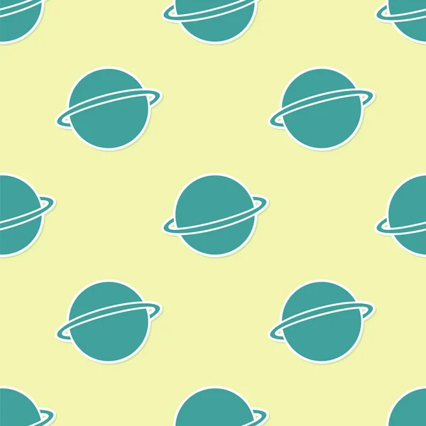 Green Planet Saturn with planetary ring system icon isolated seamless pattern on yellow background. Vector Illustration