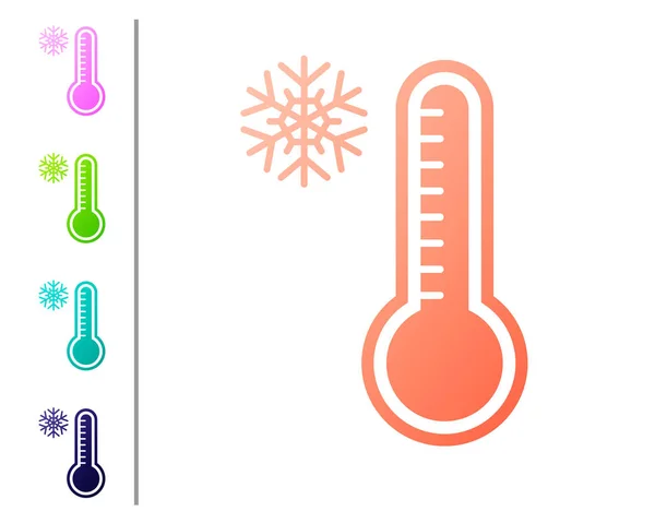 Koraal Meteorologie thermometer meten warmte en koude pictogram geïsoleerd op witte achtergrond. Thermometer apparatuur toont warm of koud weer. Stel kleurpictogrammen in. Vector Illustratie — Stockvector