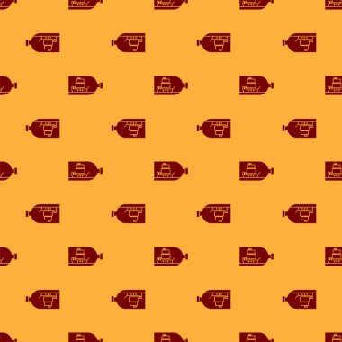 İçinde gemi olan kırmızı cam şişe kahverengi arka planda izole edilmiş pürüzsüz desen. Deniz gemisinin minyatür modeli. Hobi ve deniz teması. Vektör İllüstrasyonu