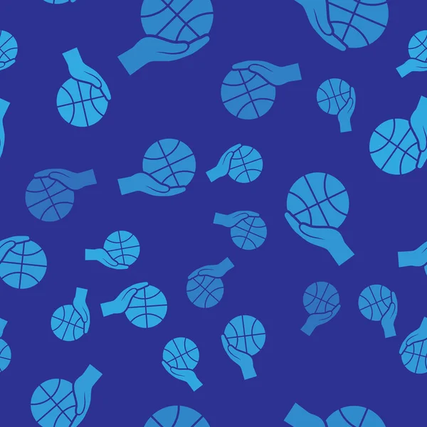 Mano azul con icono de pelota de baloncesto aislado patrón sin costuras sobre fondo azul. Símbolo deportivo. Ilustración vectorial — Vector de stock