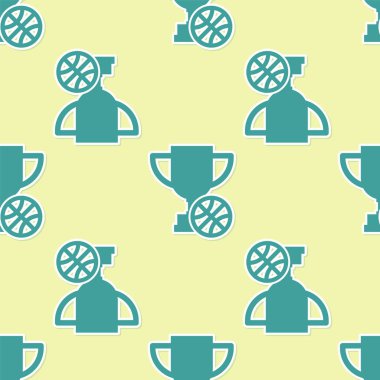 Basketbol topu ikonlu yeşil ödül kupası sarı arka planda izole edilmiş pürüzsüz desen. Galibiyet ödülü sembolü. Şampiyonluk ya da yarışma kupası. Vektör İllüstrasyonu