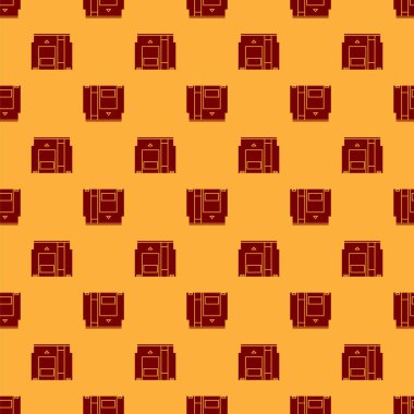 Red Cartridge retro oyun konsol simgesi için izole edilmiş kahverengi arkaplan üzerinde dipsiz desen. Televizyon oyunu kartuşu. Vektör İllüstrasyonu