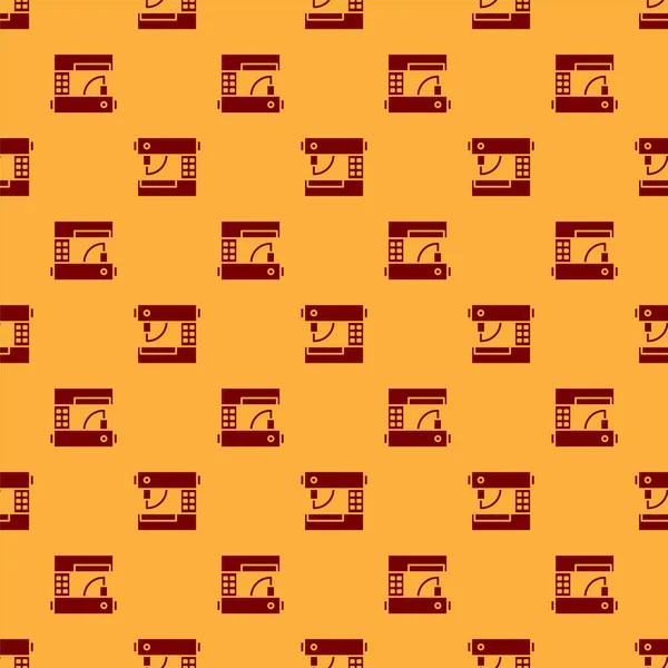Rotes Nähmaschinensymbol isoliert nahtloses Muster auf braunem Hintergrund. Vektorillustration — Stockvektor