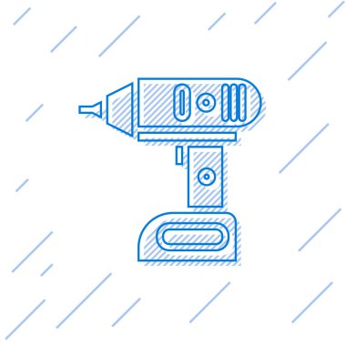 Mavi çizgi elektrik kablosuz tornavida simgesi beyaz arkaplanda izole edildi. Elektrikli matkap. Tamir aleti. Vektör İllüstrasyonu