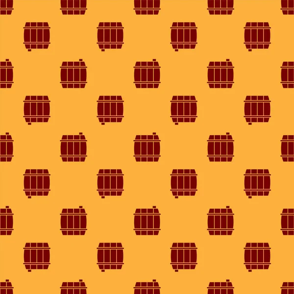 Rojo icono del barril de madera aislado patrón sin costura sobre fondo marrón. Barril de alcohol, recipiente de bebida, barril de madera para cerveza, whisky, vino. Ilustración vectorial — Vector de stock