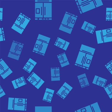 Mavi Buzdolabı simgesi mavi arka plan üzerinde izole dikişsiz desen. Buzdolabı dondurucu buzdolabı. Ev teknolojisi ve aletleri. Vektör İllüstrasyonu