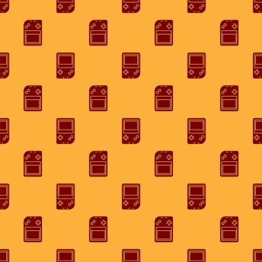 Kırmızı Taşınabilir oyun konsolu simgesi kahverengi arkaplanda izole edilmiş pürüzsüz desen. Av alanı tabelası. Oyun konsepti. Vektör İllüstrasyonu