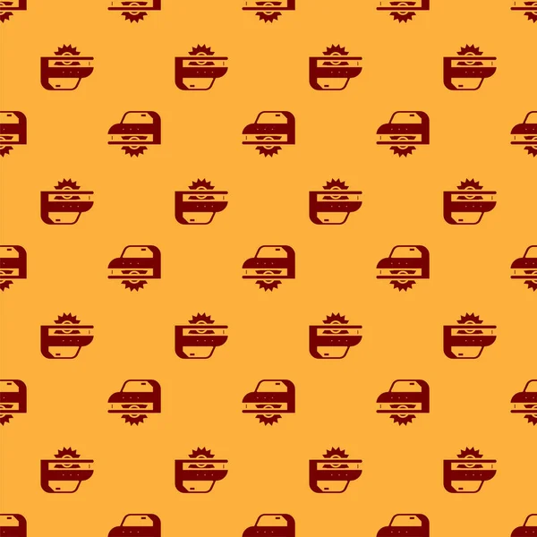 Sierra circular Red Electric con icono de disco dentado de acero aislado patrón sin costura sobre fondo marrón. Herramienta eléctrica para cortar madera o metal. Ilustración vectorial — Vector de stock