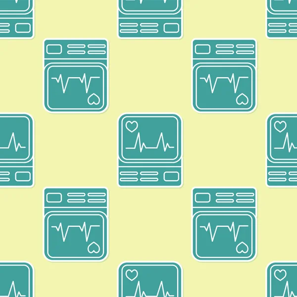 Monitor de ordenador verde con icono de cardiograma aislado patrón sin costura sobre fondo amarillo. Icono de monitoreo. Monitor ECG con latidos cardíacos dibujados a mano. Ilustración vectorial — Vector de stock