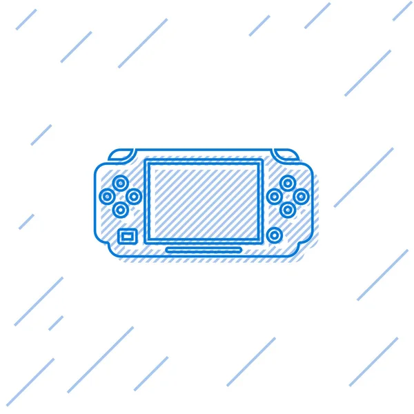 Linha azul ícone de console de videogame portátil isolado em fundo branco. Sinal do Gamepad. Conceito de jogo. Ilustração vetorial — Vetor de Stock