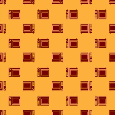 Kırmızı mikrodalga fırın ikonu kahverengi arka planda izole edilmiş pürüzsüz desen. Ev aletleri simgesi. Vektör İllüstrasyonu