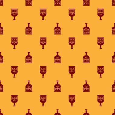 Kırmızı Alkol Şişe ikonu kahverengi arka planda izole edilmiş pürüzsüz desen. Vektör İllüstrasyonu