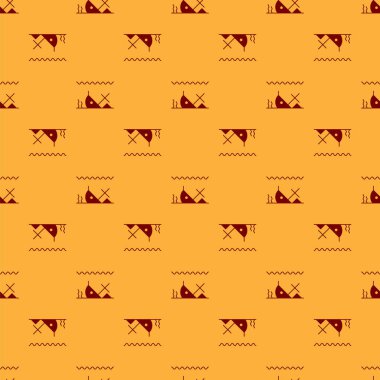 Deniz simgesinin altındaki kırmızı batık gemi kahverengi arka planda izole edilmiş. Vektör İllüstrasyonu