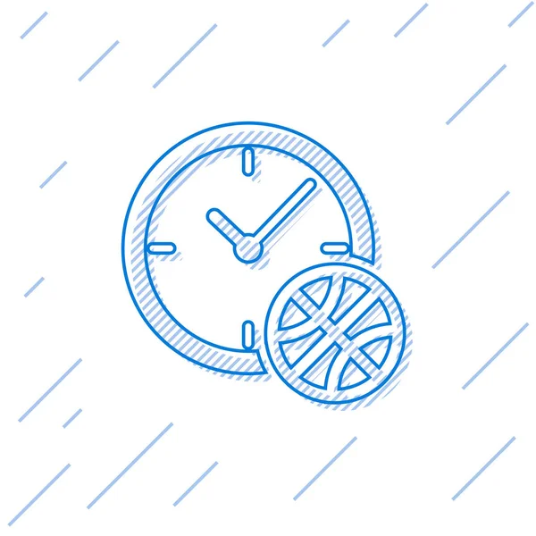 Blauwe lijn Klok met basketbal binnenkant pictogram geïsoleerd op witte achtergrond. Basketbal tijd. Sport en opleiding. Vector Illustratie — Stockvector