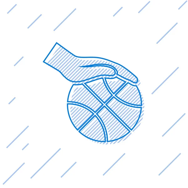 Linha azul Mão com ícone de bola de basquete isolado no fundo branco. Símbolo desportivo. Ilustração vetorial — Vetor de Stock